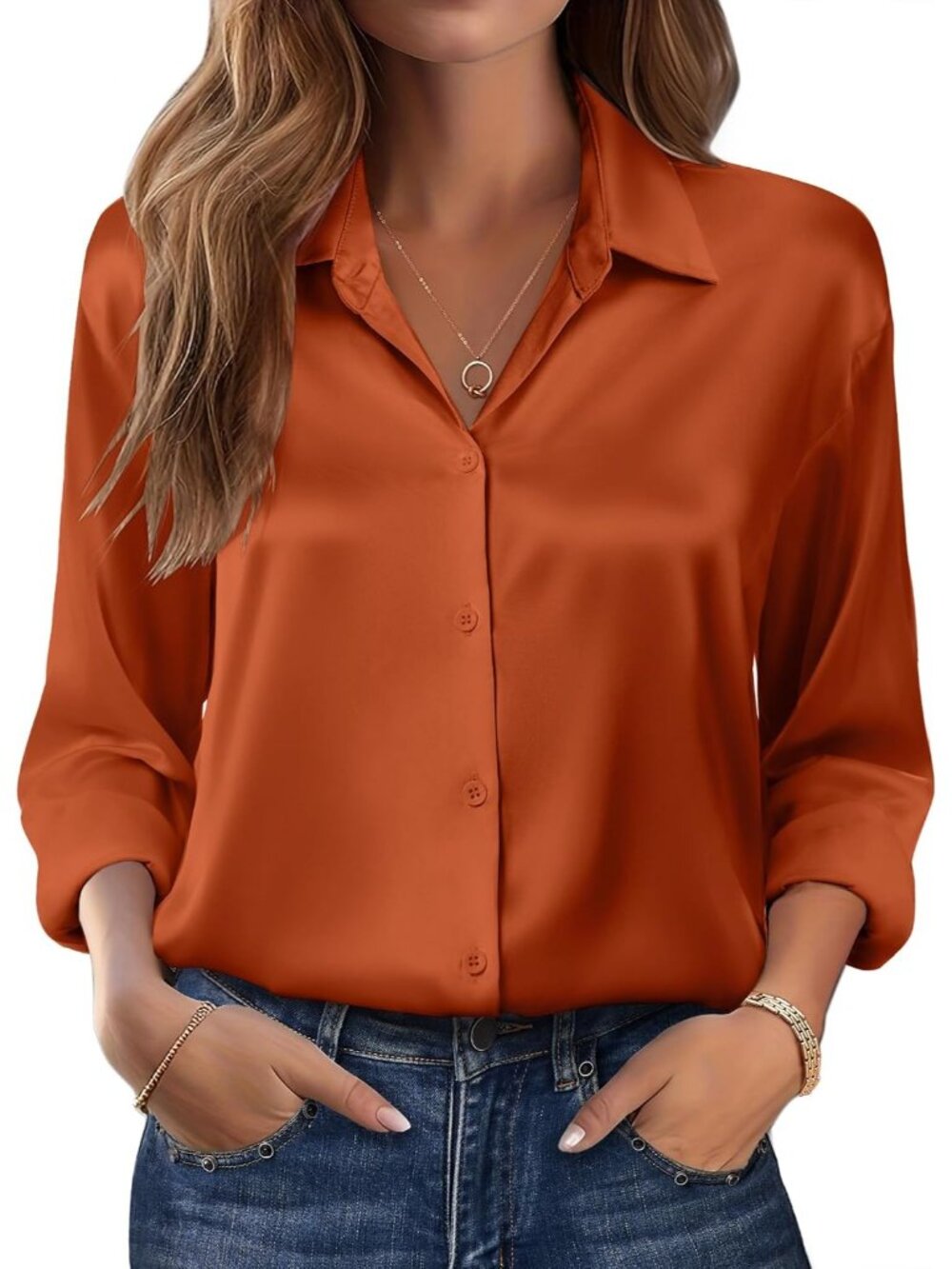 Women's Caramel Long Sleeve Satin Silk Button Down Casual Blouses Top T-Shirt